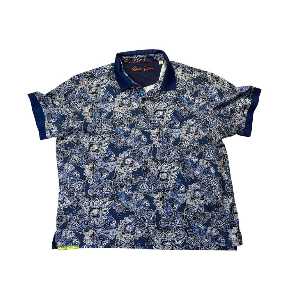 Robert Graham Mens 3XL Paisley Polo Shirt Blue White Short Sleeve Cotton Casual